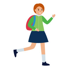 Smiling girl in green jacket, skirt, and backpack running.