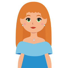 Smiling girl with orange hair wearing a blue dress and jewelry.