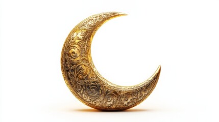 Elegant golden moon with Islamic motifs, isolated on a clean white background, symbolizing Ramadan