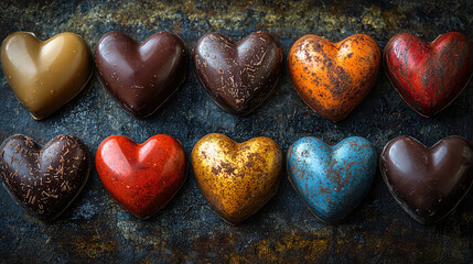 Obraz premium Colorful heart-shaped chocolates arranged on a rustic surface.