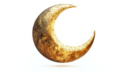 Elegant golden moon with Islamic motifs, isolated on a clean white background, symbolizing Ramadan