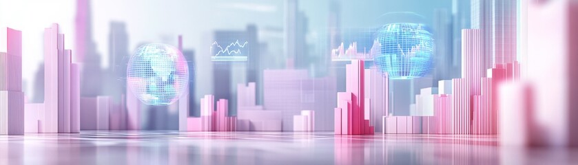 Obraz premium A futuristic city skyline with digital overlays, featuring tall buildings in soft pinks and blues, symbolizing technology and innovation.