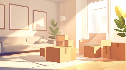 Sunlit Living Room with Moving Boxes: A New Home Begins