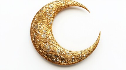 Elegant golden moon with Islamic motifs, isolated on a clean white background, symbolizing Ramadan