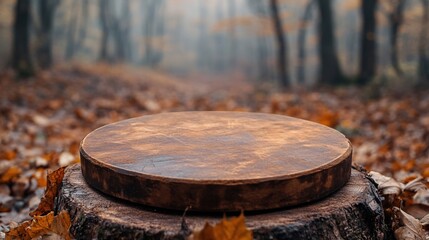 Fototapeta premium Wooden disc on tree stump in autumn forest with fallen leaves and blurred background