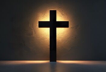 Naklejka premium A simple, backlit cross stands against a dark textured wall, illuminated by a warm light. The scene evokes feelings of faith, hope, and spirituality