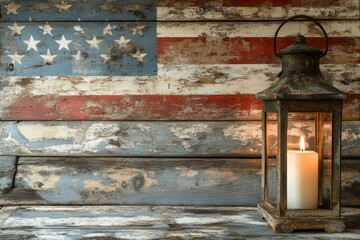 Rustic American Flag Wood Background with Lantern Candle