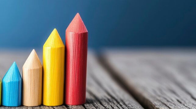 Colorful Wooden Blocks Representing Growth and Progress on Rustic Wooden Surface