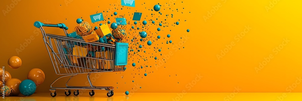 Poster floating discount tags hovering around a 3d rendered shopping cart against a vibrant orange backgrou