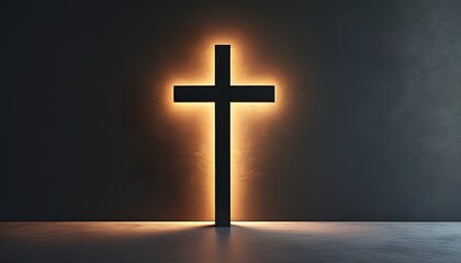 A simple, backlit cross stands against a dark textured wall, illuminated by a warm light. The scene evokes feelings of faith, hope, and spirituality