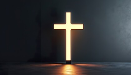 A simple, backlit cross stands against a dark textured wall, illuminated by a warm light. The scene evokes feelings of faith, hope, and spirituality