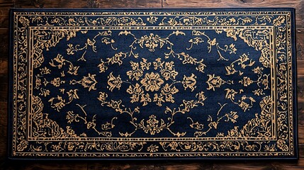 Elegant Navy Blue Rug with Gold Floral Pattern on Wood Floor
