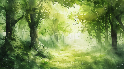 Peaceful Forest Painted with Watercolors &ndash; Nature Art Background