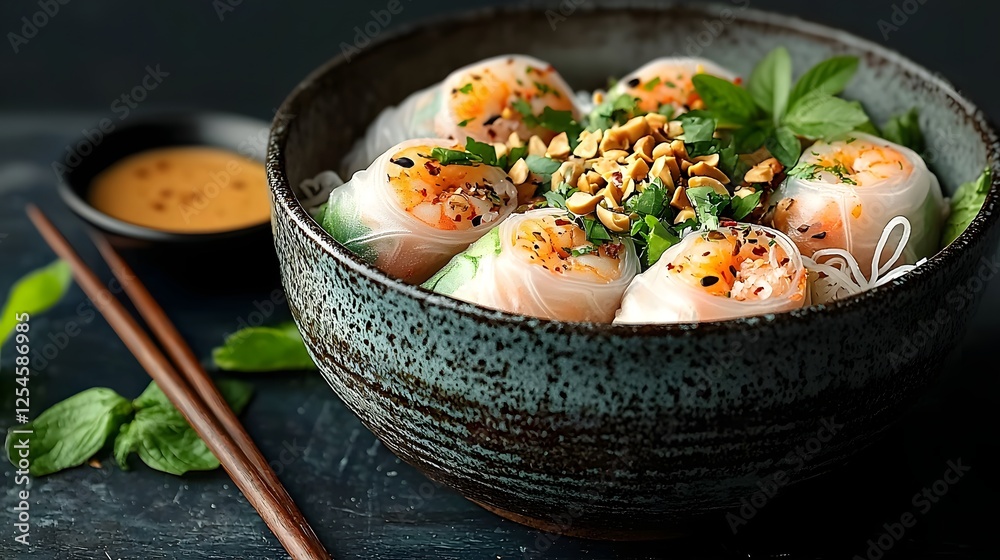 Aufkleber freshly prepared vietnamese style shrimp spring rolls served in a rustic bowl with a savory peanut d