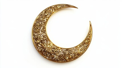 Elegant golden moon with Islamic motifs, isolated on a clean white background, symbolizing Ramadan