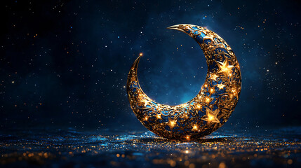 Fototapeta premium Crescent moon with ramadan, ample copy space. Islamic writing background for creating card,banner, Muslim Eid-Ul-Adha festival celebration.Arabic ,Ramadan Lantern on