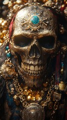 Fototapeta premium Intricately adorned golden skull surrounded by jewels and treasures, evoking a sense of mystery