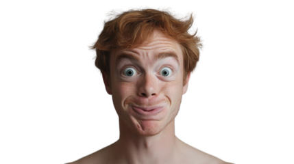 Portrait of young man making funny face on transparent background