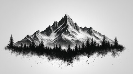 Majestic mountain landscape with towering peaks and dark forest silhouette against a light background