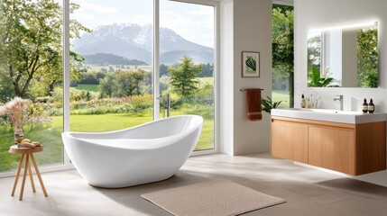 Serene and Luxurious Bathroom Oasis with Freestanding Bathtub Vanity and Mirror Surrounded by Panoramic Mountain Landscape View Through Expansive Window  Comfortable Cozy