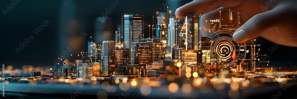 Aufkleber Futuristic corporate innovation city with illuminated digital data flow skyline  Panoramic view of a modern high tech metropolis with skyscrapers advanced architecture