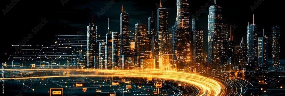 Aufkleber futuristic digital city skyline with illuminated skyscrapers data flow and architectural lighting cr