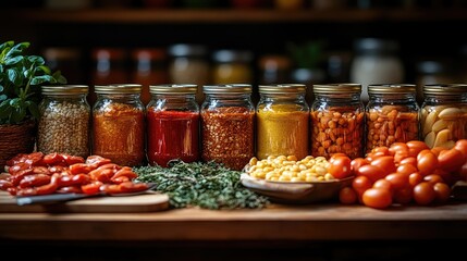Colorful array of spices and dried ingredients displayed on wooden table in a rustic kitchen setting