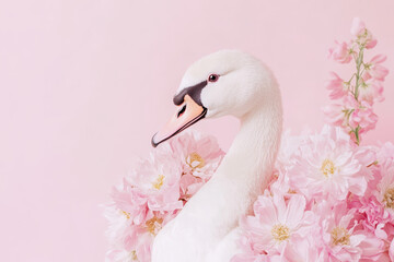 Fototapeta premium Elegant swan surrounded by delicate pink flowers in soft pastel background for serene nature scene