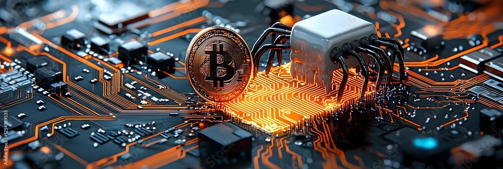Poster Glowing Bitcoin Coin and Futuristic Blockchain Network Abstract Background  Digital Cryptocurrency and FinTech Technology Concept