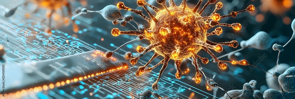 Aufkleber Glowing digital visualization of a microscopic coronavirus particle modeled as a complex neural network with illuminated nodes and fibers