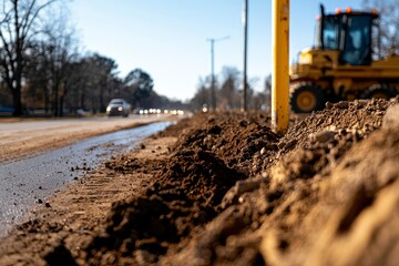 Roadwork; bulldozer working on highway, dirt embankment, cars & trees in the background