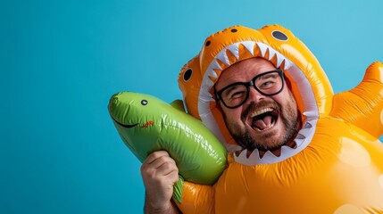 Person wearing inflatable dinosaur costume holding a green inflatable fish toy with a big smile against a blue background. Generative AI