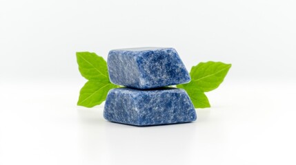 Two blue stones with leaves isolated on white background. Generative AI