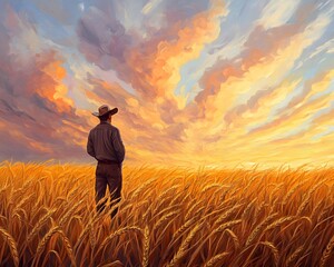 Fototapeta premium A contemplative figure stands amidst a golden wheat field, gazing at a vibrant sunset sky filled with colorful clouds, evoking serene feelings of nature and reflection.
