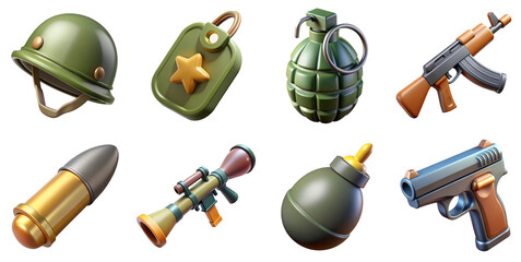 PNG 3d collection of Army, in cartoon style minimal on transparent background, isolate