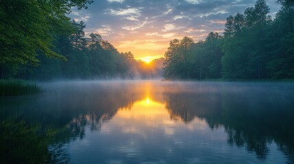 Misty Sunrise Over a Serene Forest Lake