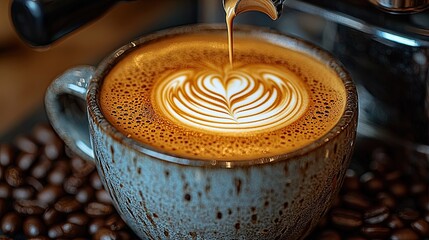 Close-up of a beautifully crafted latte art in a rustic cup surrounded by coffee beans