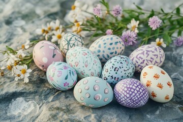 Colorful pastel Easter eggs with various patterns on stone background with flowers