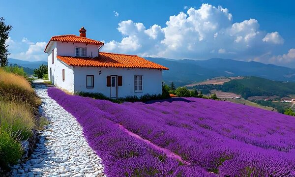 Picturesque Lavender Filled Countryside Cottage Under Bright Azure Sky