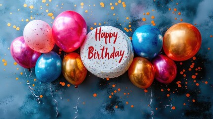 Colorful birthday celebration with balloons and a cake, set against a vibrant, festive background