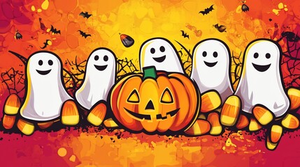 Obraz premium Whimsical Halloween Scene with Smiling Ghosts and a Bright Pumpkin Character