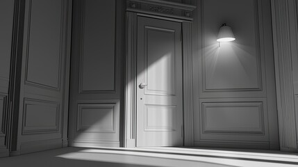 A dimly lit corridor featuring an elegant door with light streaming through, evoking mystery