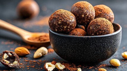 Homemade energy balls made with dates nuts and cocoa powder in a rustic wooden bowl  These wholesome protein rich snacks are perfect for a healthy energy boost or indulgent treat