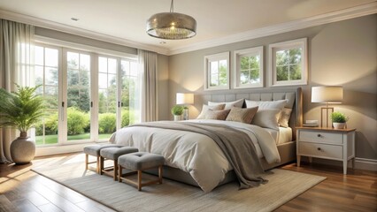 A serene bedroom with a calming atmosphere, featuring soft neutral tones and plush bedding, with a large window allowing natural light to filter in , soft neutral tones, relaxation
