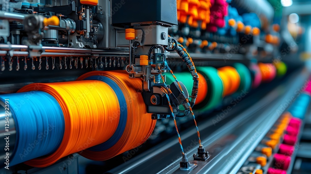 Poster Large scale textile printing machine operating in an industrial factory producing vibrant patterned fabric rolls in a variety of colors and materials