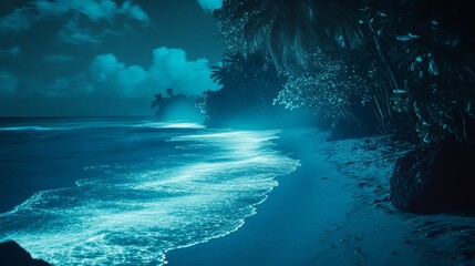 A hidden tropical beach with luminous waves glowing at night digital