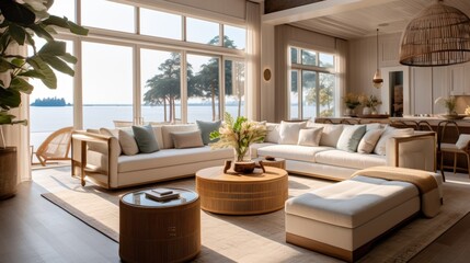 Fototapeta premium Serene Coastal Interior Design with Natural Light, Modern Furniture, and Inviting Atmosphere in a Stylish Home Setting