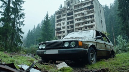 Abandoned vehicle in a rain soaked forest near a ruined building, showcasing a desolate landscape. Gray and muted tones dominate the scene
