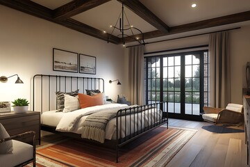 industrial bedroom with exposed wood beams and steel bed frame
