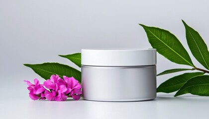 A sleek, modern cosmetic jar beside vibrant pink flowers and fresh green leaves on a gray background.